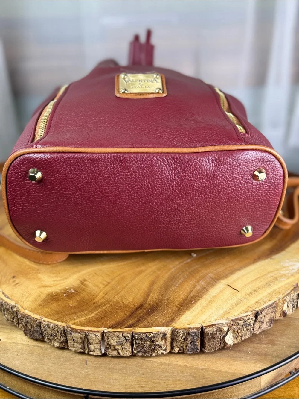 Valentina Italia Red Burgundy Leather Drawstring Backpack Purse w/ Tan Trim EUC